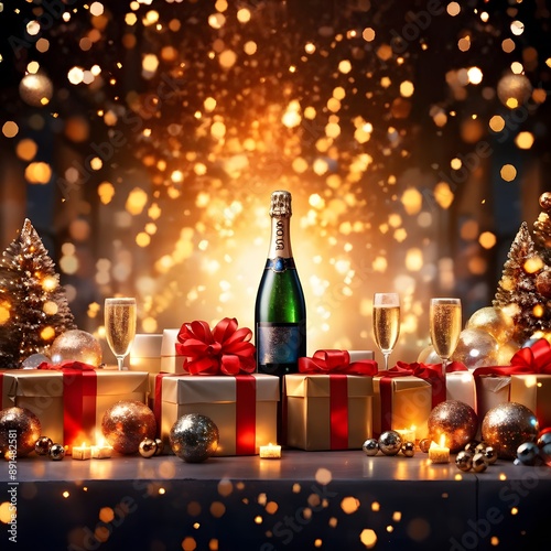 new year celebration with champagne bottle and glasses