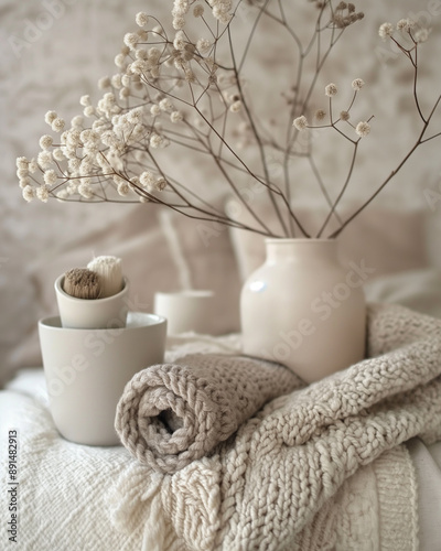 Warm And Cozy Still Life With Dried Flowers And Knitted Textiles: Elegant Arrangement Featuring Neutral Tones And Soft Textures