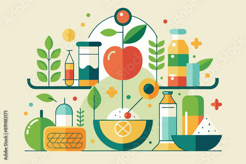 Balance between fruits and vegetables in a colorful illustration