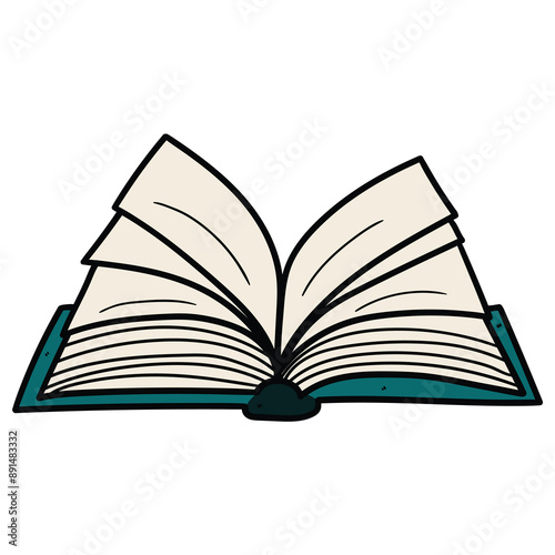 Hand drawn cartoon open book on white background.
