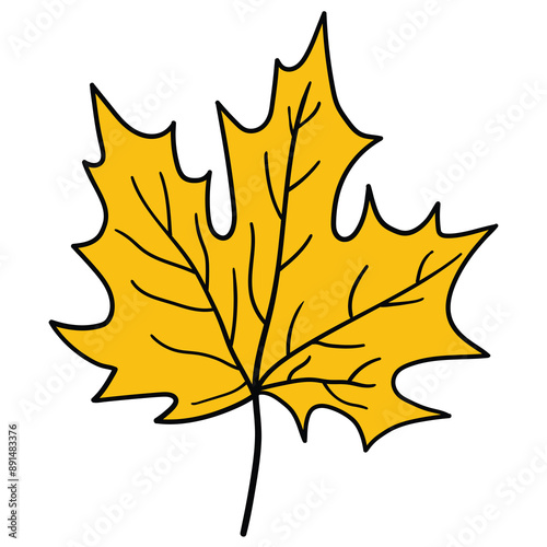 Hand drawn cartoon yellow autumn maple leaf on white background.