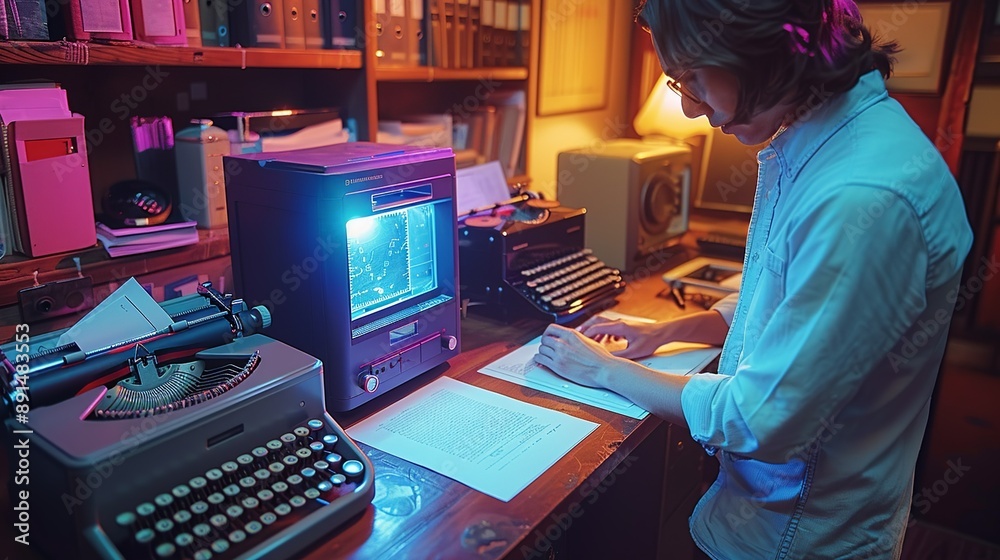 Entrepreneur using a high-tech scanner to digitize documents, with a ...