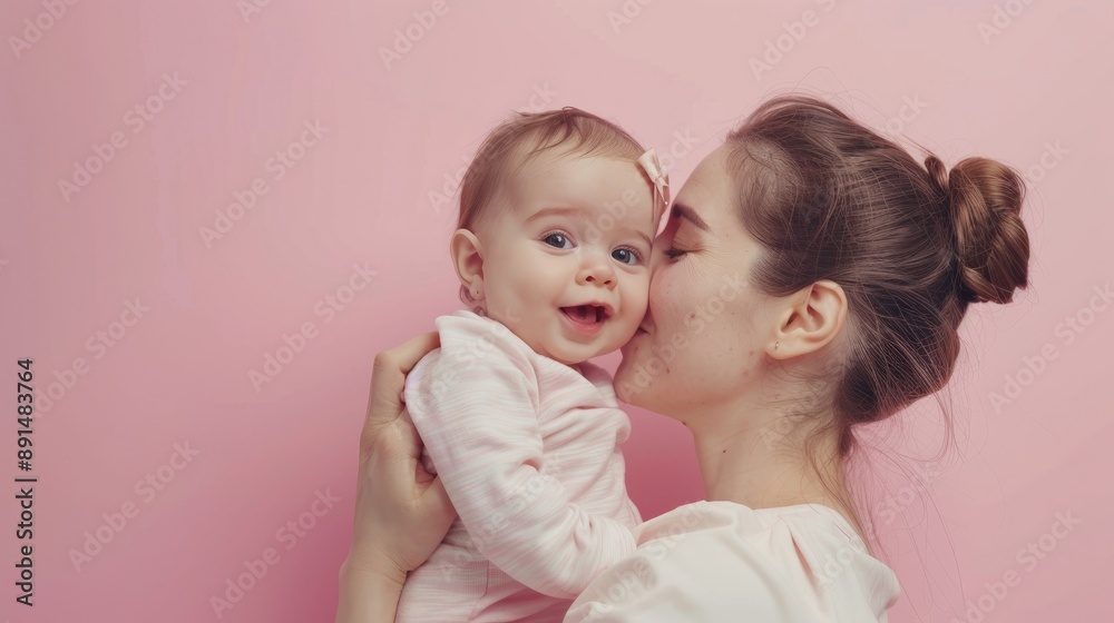 Woman in light clothes have fun with cute child baby girl. Mother, little kid daughter isolated on pastel pink wall background, studio portrait. Woman in light clothes have fun with cute child baby girl. Mother, little kid daughter isolated on pastel pink wall background, studio portrait.