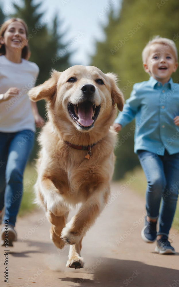 mom and child running with their dog mom and child running with their dog
