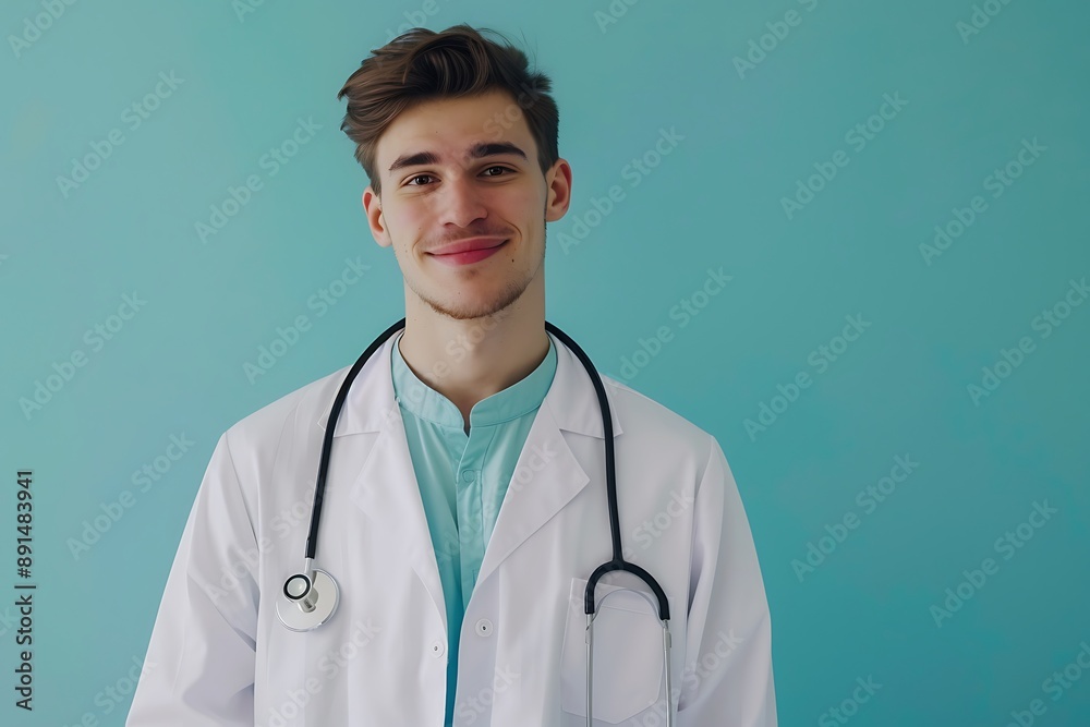 Doctor in clinic attire, stethoscope on neck, pastel blue wall, friendly expression Doctor in clinic attire, stethoscope on neck, pastel blue wall, friendly expression