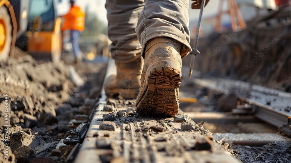 Fototapeta premium A worker walks on the steel track with tools in his hand, closeup of feet walking on tracks with a construction site background