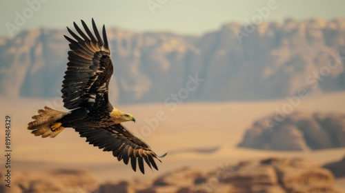 Eagle Soaring Over Desert Landscape.