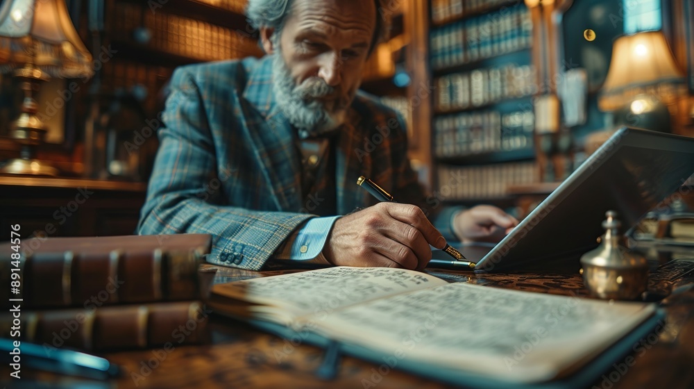 Professional using a tablet for note-taking, with a vintage fountain pen and notebook on his desk, blending the convenience of digital and charm of analog tools realistic photo, high resolution , Professional using a tablet for note-taking, with a vintage fountain pen and notebook on his desk, blending the convenience of digital and charm of analog tools realistic photo, high resolution ,