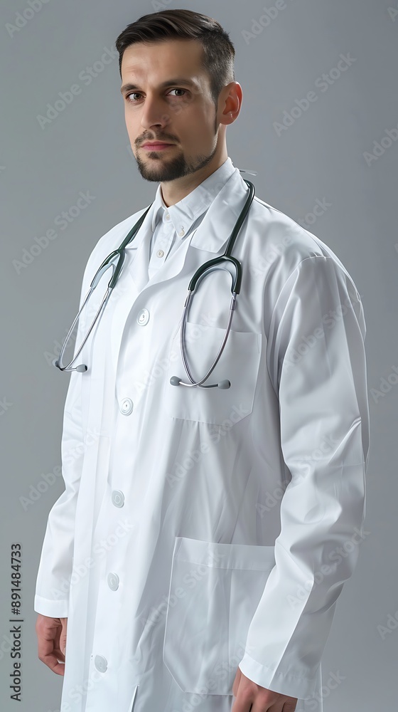 Doctor in clinic coat, stethoscope around neck, solid grey background, poised and ready Doctor in clinic coat, stethoscope around neck, solid grey background, poised and ready