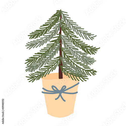 Christmas tree in a craft pot. Cute winter holiday isolated illustration. Hand drawn doodle flat seasonal Christmas design element