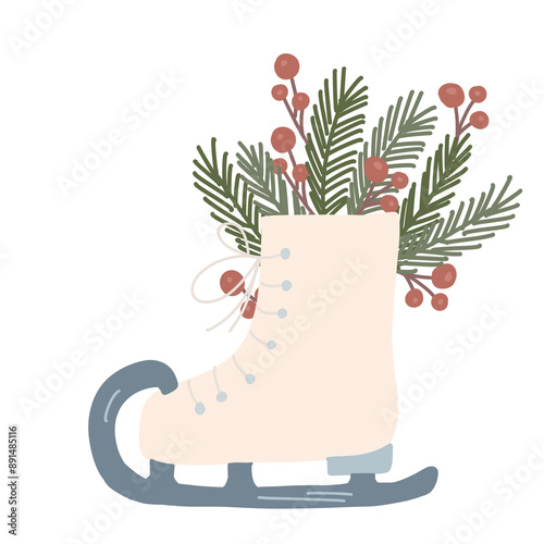 Skates with winter berries and evergreen branch. Cute winter holiday isolated illustration. Hand drawn doodle flat seasonal Christmas design element