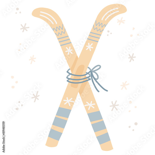 Ski. Cute winter holiday isolated illustration. Hand drawn doodle flat seasonal Christmas design element