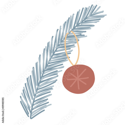Evergreen branch. Cute winter holiday isolated illustration. Hand drawn doodle flat seasonal Christmas design element