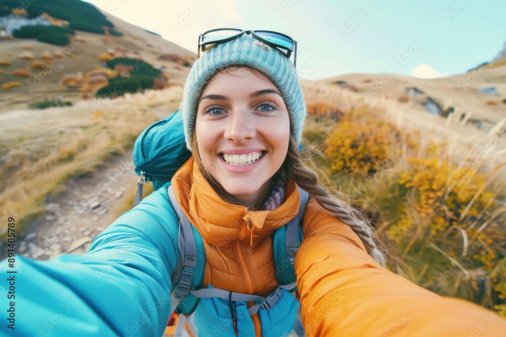 Happy Hiker, Smiling woman in outdoor gear on mountain trail, Adventure Selfie. Happy Hiker, Smiling woman in outdoor gear on mountain trail, Adventure Selfie.