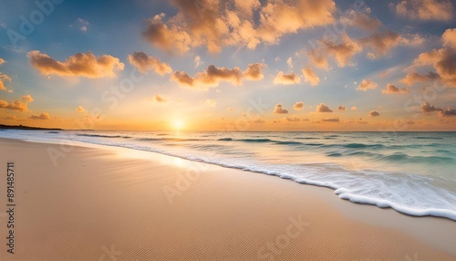Closeup of sand on beach and blue summer sky. Panoramic beach landscape. Empty tropical beach and seascape. Orange and golden sunset sky, soft