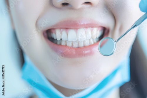 Dentist Visit, Woman smiling with dental mirror near her teeth, Routine Checkup.