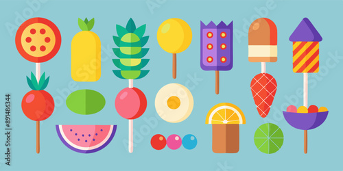 Colorful candy and fruit on sticks on a blue background