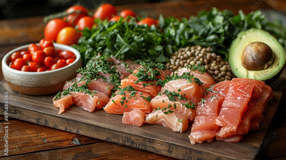 A Feast of Fresh Salmon, Greens, and Tomatoes on a Rustic Wooden Board. Generative AI A Feast of Fresh Salmon, Greens, and Tomatoes on a Rustic Wooden Board. Generative AI