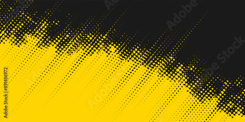 Abstract Geometric Yellow Frame Grunge Texture With Halftone Pattern Design In Black Background