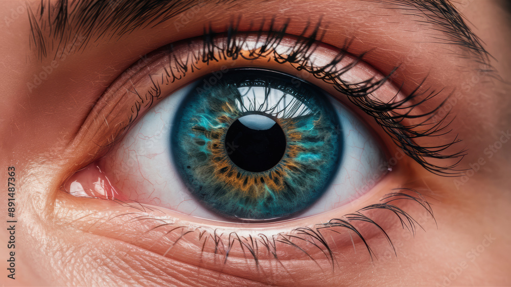 Fototapeta premium A close up of a woman's eye with blue iris, AI