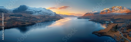 Majestic Scottish Highlands Panorama at Golden Hour with Snow-Capped Mountains and Glowing Loch Copper Tones