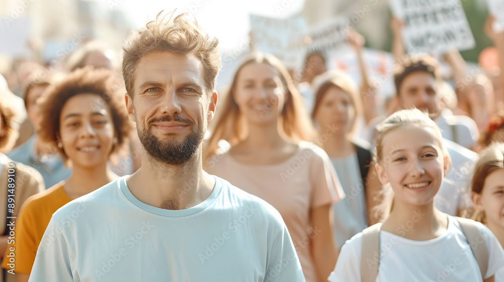 Fototapeta premium A joyful bearded man leading a crowd of protesters on the street, smiling during a public rally for civil rights and freedom, the power of unity and collective activism in an urban demonstration.