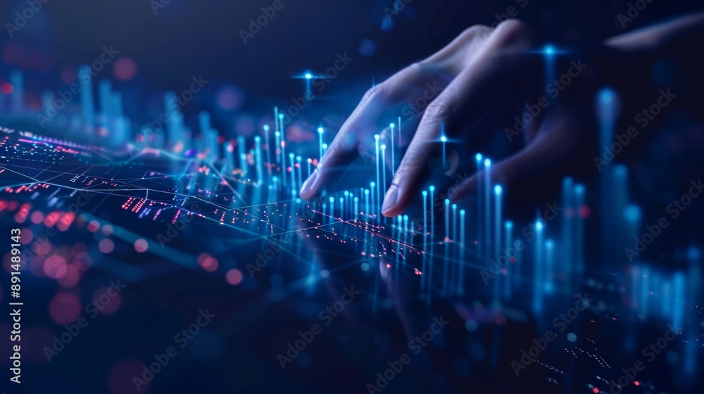 Person's Hand Interacting with Digital Stock Market Chart on Dark Blue Background, Symbolizing Financial Analysis and Market Trends. 3D Rendering Representing Modern Finance and Investment Insights Person's Hand Interacting with Digital Stock Market Chart on Dark Blue Background, Symbolizing Financial Analysis and Market Trends. 3D Rendering Representing Modern Finance and Investment Insights