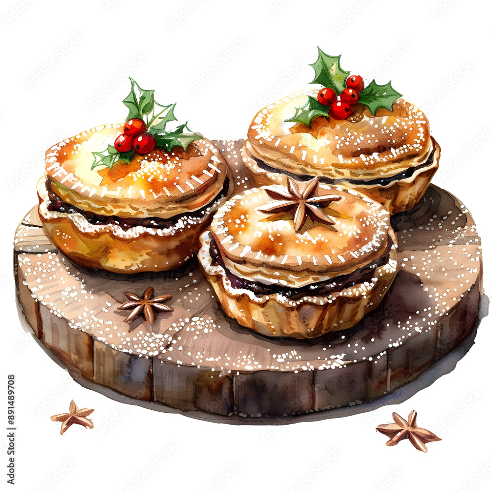 Beautiful Christmas season Butter Tarts, watercolor illustration. Beautiful Christmas season Butter Tarts, watercolor illustration.