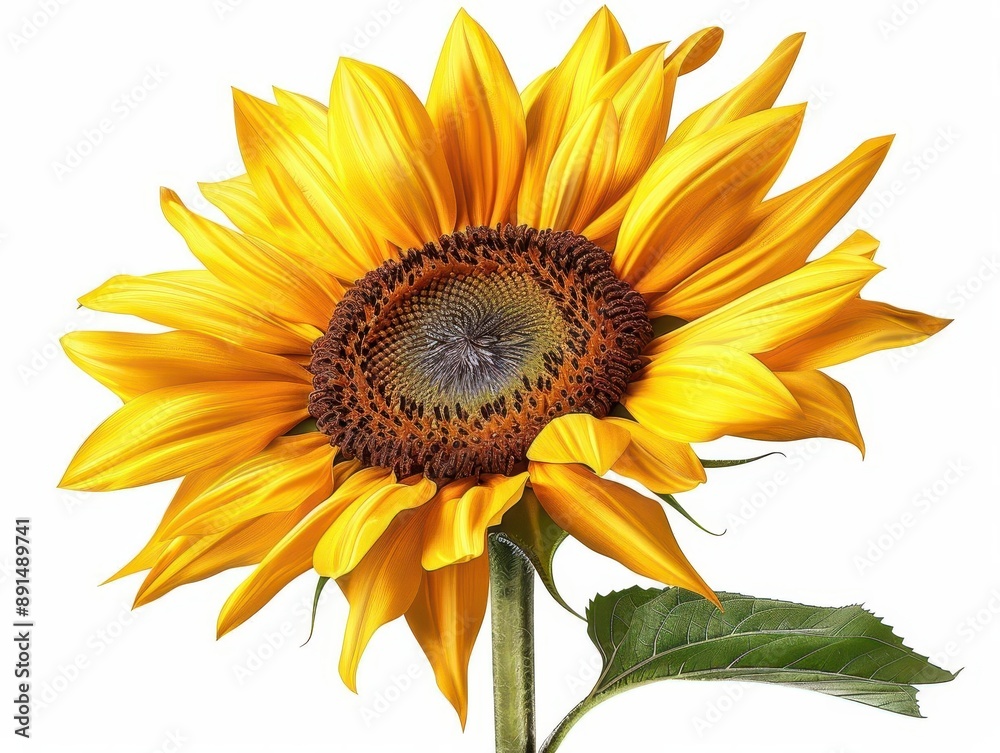 Fototapeta premium Bright sunflower with vibrant yellow petals and a green leaf. Perfect for nature themes or garden concepts. Isolated on a white background.