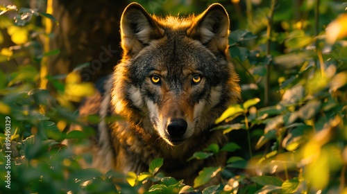 Gray wolf in forest, glowing eyes, amidst green foliage, natural setting, close-up