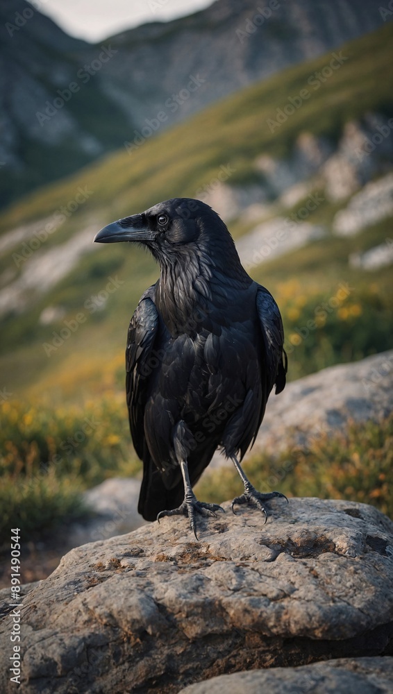 Black Raven Sitting on Rock with Open Beak Black Raven Sitting on Rock with Open Beak