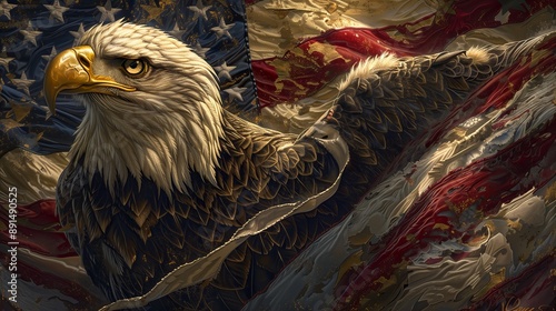 Artistic Bald Eagle Gripping Ribbon Banner with American Flag in Background photo