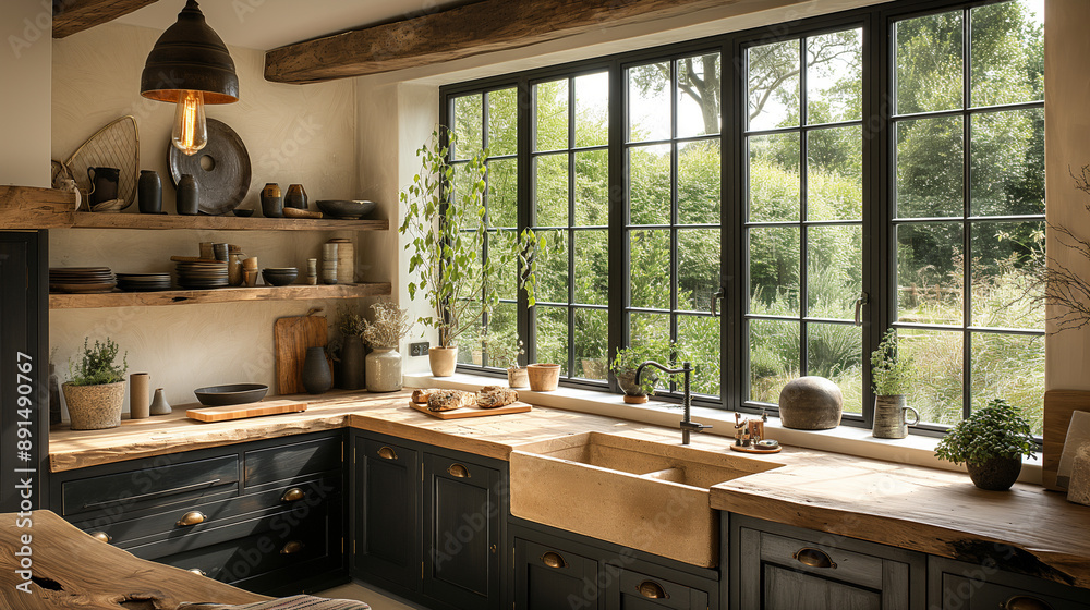 Rustic Kitchen With Large Windows And Wooden Island: Bright And Inviting Space Featuring Indoor Plants And Open Shelving Rustic Kitchen With Large Windows And Wooden Island: Bright And Inviting Space Featuring Indoor Plants And Open Shelving