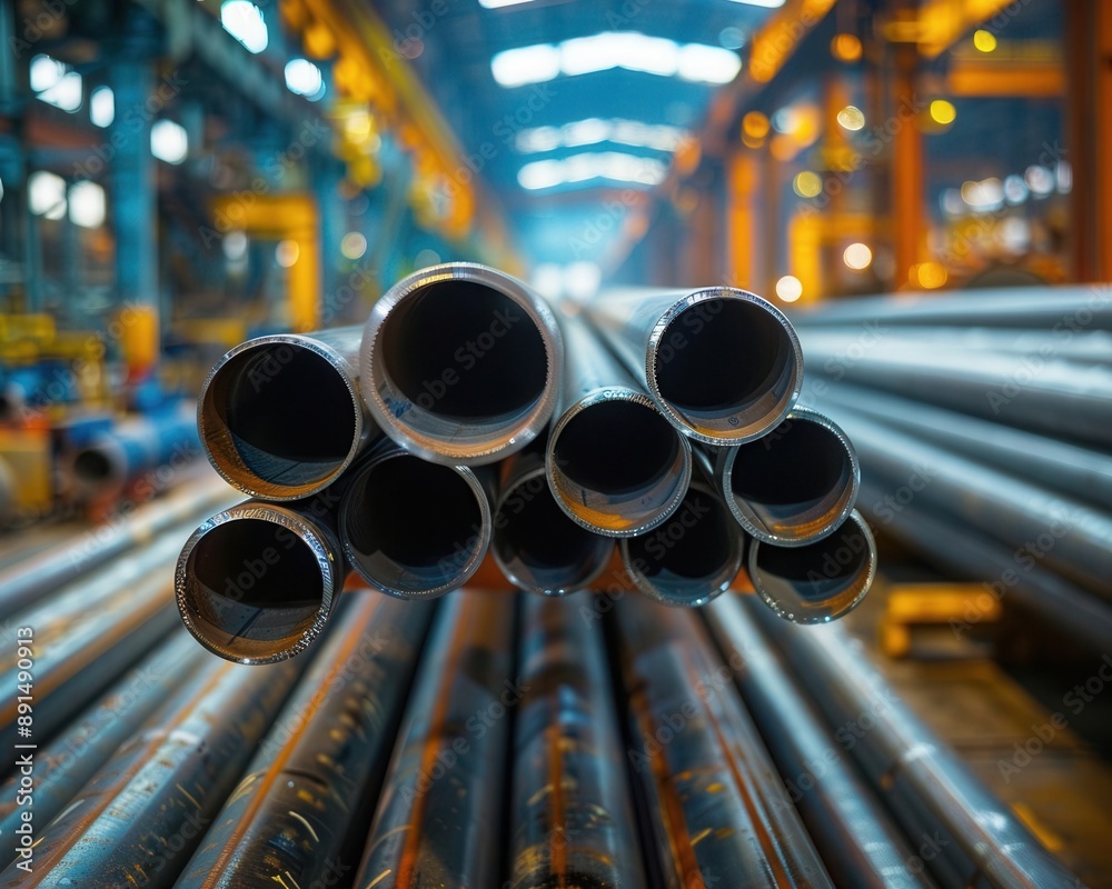 Stack of steel pipes in a factory, background out of focus, subtle industrial light Stack of steel pipes in a factory, background out of focus, subtle industrial light