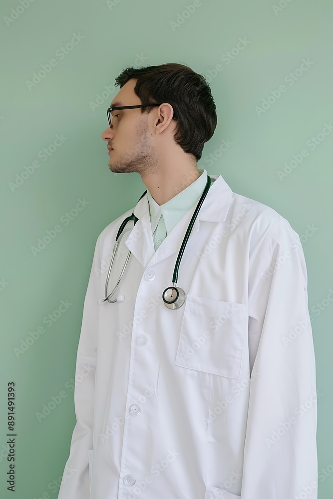 Doctor in white coat, stethoscope on neck, pastel green wall, calm and professional Doctor in white coat, stethoscope on neck, pastel green wall, calm and professional