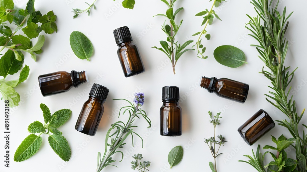 A collection of essential oils specifically blended for detoxifying, with fresh herbs A collection of essential oils specifically blended for detoxifying, with fresh herbs