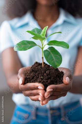 Green investing, sustainability, and startup opportunities with plants. Nonprofit climate change support: sapling soil, people palm, and sustainable development photo