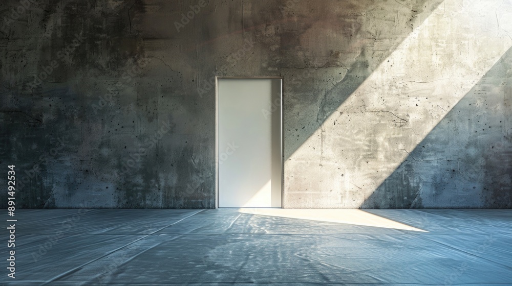 Light shines through an open door in the concrete room Light shines through an open door in the concrete room