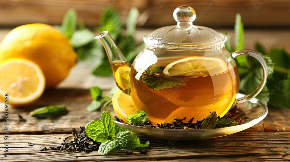 A cup of detoxifying green tea with fresh mint leaves, lemon slices, and a teapot A cup of detoxifying green tea with fresh mint leaves, lemon slices, and a teapot
