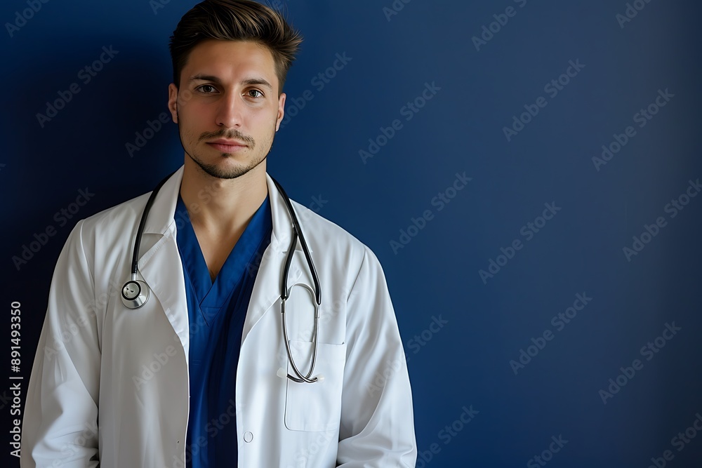 Doctor in white coat, stethoscope on shoulders, deep blue wall, poised look Doctor in white coat, stethoscope on shoulders, deep blue wall, poised look