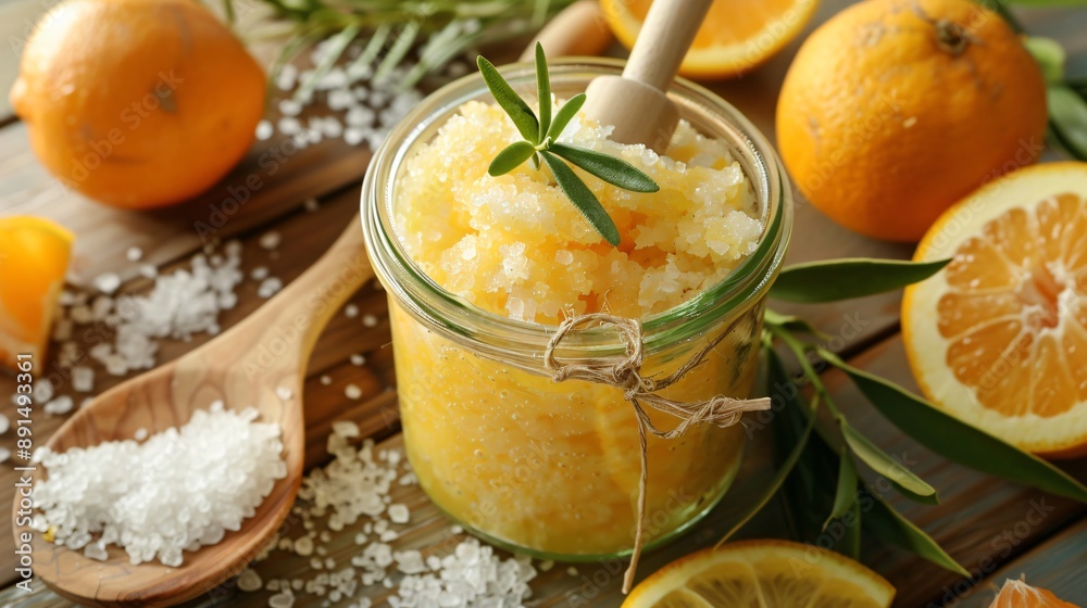 A jar of detoxifying body scrub with a wooden spoon, surrounded by fresh ingredients like citrus and sea salt A jar of detoxifying body scrub with a wooden spoon, surrounded by fresh ingredients like citrus and sea salt