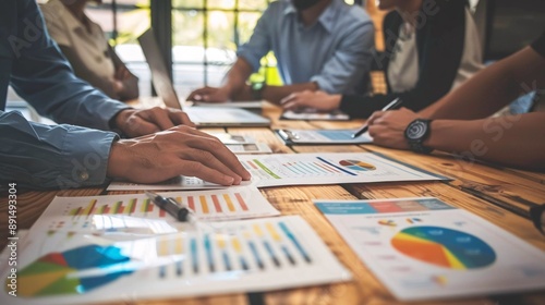 A group of creative coworkers in a business meeting, discussing results charts and graphs while working.