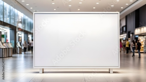 large empty blank white mockup signboard with content space area for sale and offers ads at a public shopping center, mall, or business center