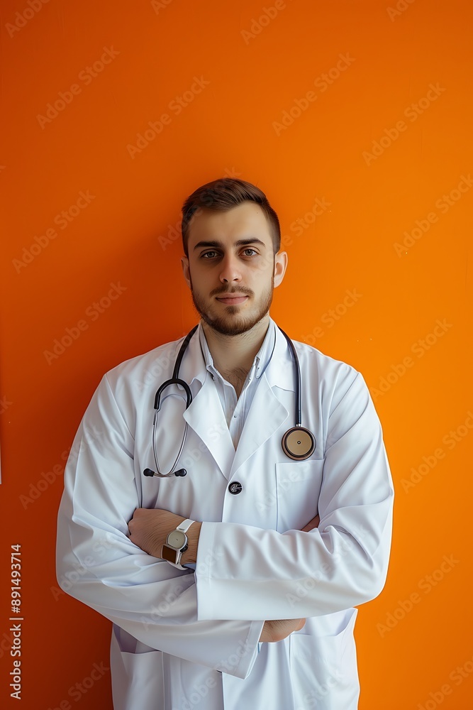 Doctor in white coat, stethoscope around neck, bright orange wall, poised and ready Doctor in white coat, stethoscope around neck, bright orange wall, poised and ready