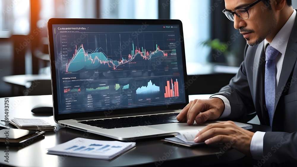 A businessman using computerized virtual images to analyze the financial balance sheet of his company A businessman analyzing financial data to forecast growth in long-term investments A businessman using computerized virtual images to analyze the financial balance sheet of his company A businessman analyzing financial data to forecast growth in long-term investments