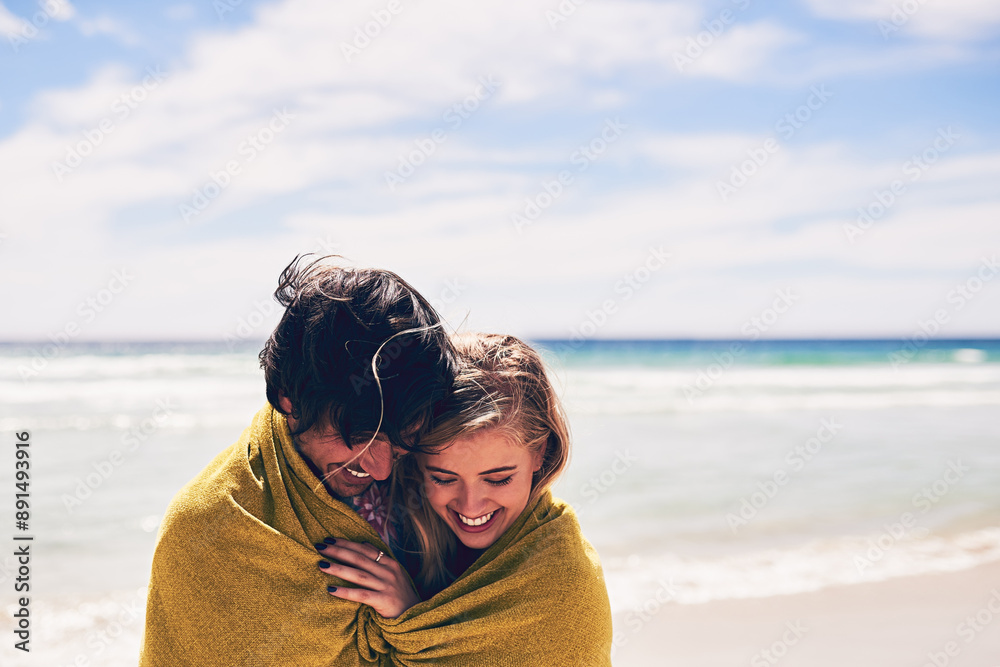 Couple, towel and beach for swim and vacation, ocean and cold water plunge in sea. Happy, love and married people on holiday for honeymoon adventure, travel and waves or blue sky together with smile Couple, towel and beach for swim and vacation, ocean and cold water plunge in sea. Happy, love and married people on holiday for honeymoon adventure, travel and waves or blue sky together with smile