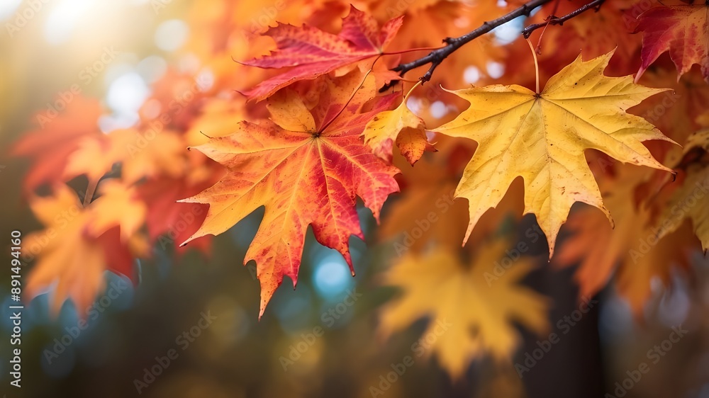 Autumnal fall festival seasonal banner panorama - close-up of vibrant maple leaves on a tree branch, with bokeh and defocused backdrop Autumnal fall festival seasonal banner panorama - close-up of vibrant maple leaves on a tree branch, with bokeh and defocused backdrop