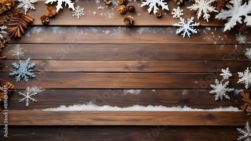 Christmas background template - Top view with room for writing, a snow-filled frame with ice crystals and snowflakes on a brown wooden grain