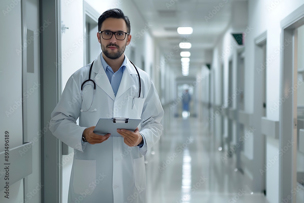 Doctor in white lab coat holding clipboard, standing in bright modern hospital corridor, clean medical setting Doctor in white lab coat holding clipboard, standing in bright modern hospital corridor, clean medical setting