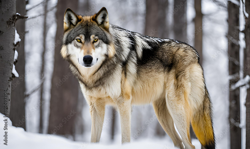Fototapeta premium Wolf in a cold forest